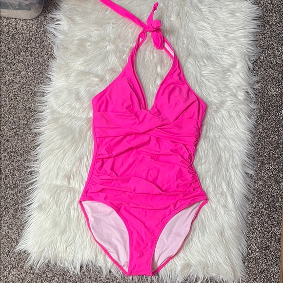 Other - NWOT From Amazon Bright Pink One Piece Halter Swimsuit Wrap Front Ruched Sides M